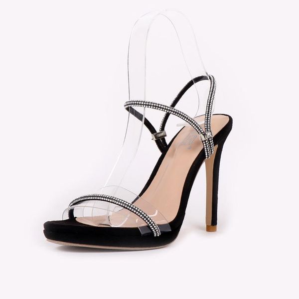 

sandals women's shoes 2021 summer style rhinestone transparent strap high-heeled open-toe fashion glass glue stiletto heels, Black