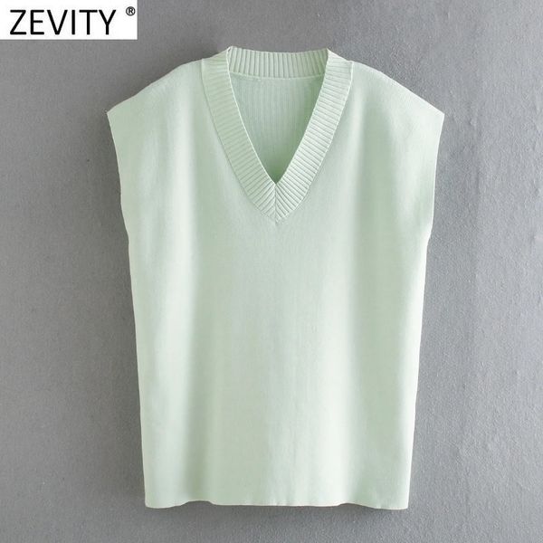 

zevity new women fashion v neck solid casual vest knitting sweater femme chic basic sleeveless side split pullovers s490 y201128, White;black