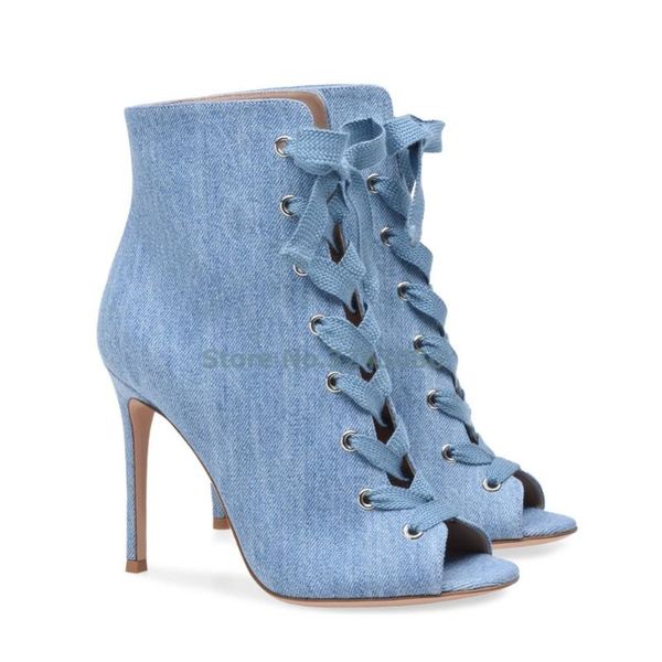 

denim blue peep toe cross tied ankle boots black silk open toe lace up women shoes pointed basic thin high heel boots