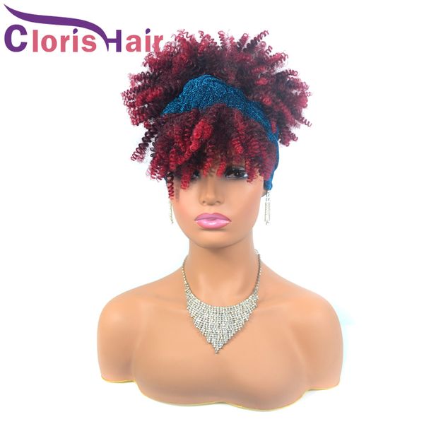 1B / 99J Afro Kinky Curly Headband Wig Short Borgonha Ombre peruca encaracolado com faixa de cabeça resistente ao calor turbante sintético wrap perucas para mulheres negras