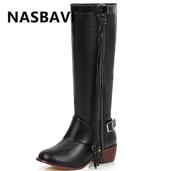 

boots 2021 winter section of the british round head low-heeled belt buckle knee-high knight punk long, Black