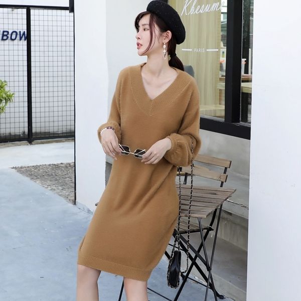 

gigogou v neck long sleeve sweater dress women autumn winter loose tunic knitted casual clothes above knee mini solid dresses 201030, Black;gray