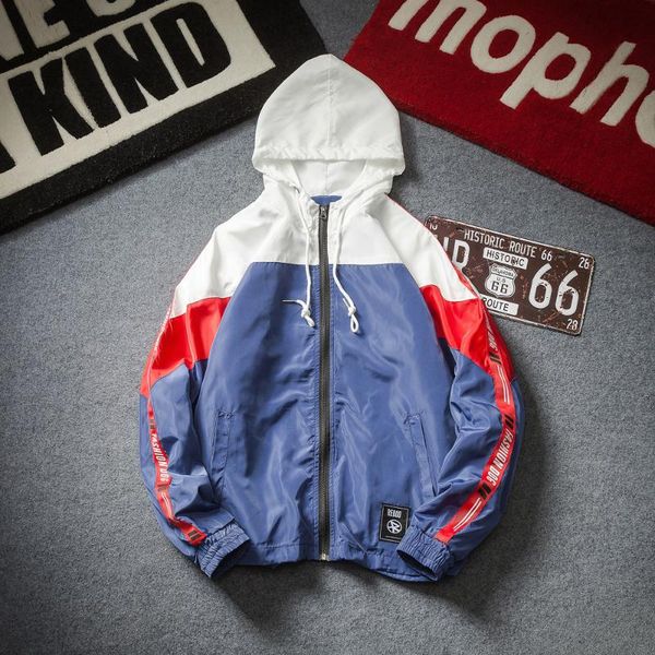 

men's jackets autumn hoodies windbreaker side stripe letter patchwork hooded jacket spring fashion loose casual sportswear coats, Black;brown