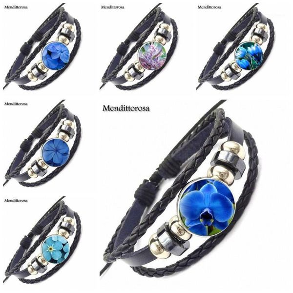 

ej glaze fashion glass cabochon statement black leather bracelet bangle for women girls blue dream flower1, Golden;silver