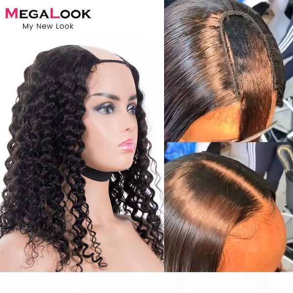 

megalook u part wig human hair 180 density real scalp glueless human hair wig without sewing brazilian remy deep wave, Black;brown