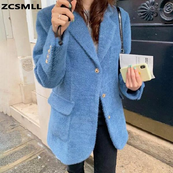 

women's wool & blends zcsmll korea chic autumn and winter retro suit collar three buttons loose cardigan furry warm short jacket women1, Black