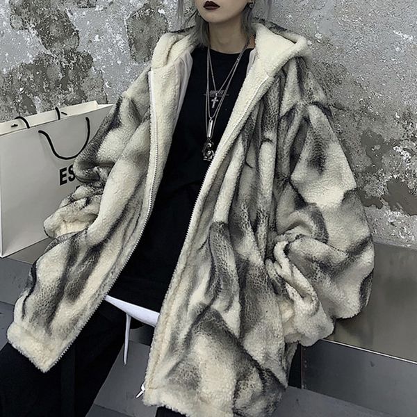 

2021 new winter fleece jacket women gothic tie dye warm plush coat oversize jackets loose hip hop streetwear hooded outwear 0nnr, Black