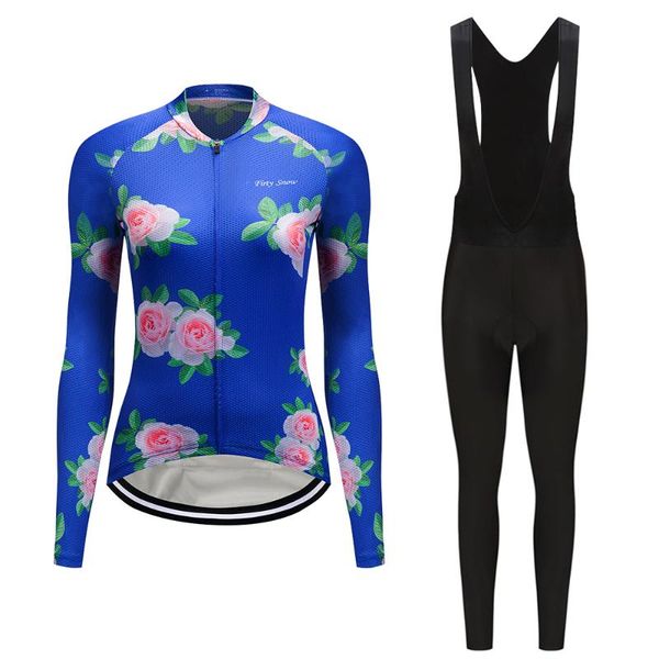 

racing sets 2021 cycling set women autumn road bike jersey sport suit mtb bicycle clothes female trisuit clothing retro dress uniform kit, Black;blue