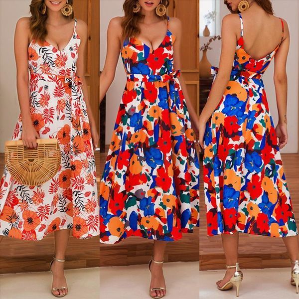 

summer new suspender dress lace up waist slimming printed dress zipper backless woman dress 2020, Black;gray