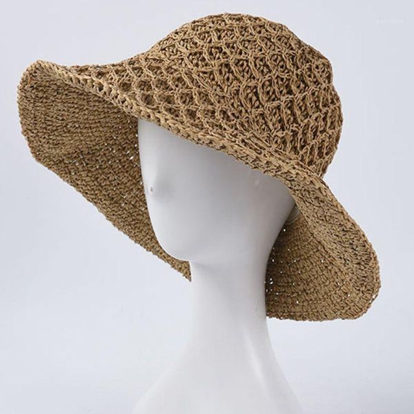 

women vintage straw woven sun visor hat solid color wide brim packable beach cap1, Blue;gray