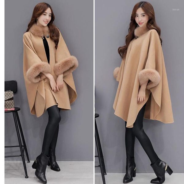 

women's fur & faux female thick winter overcoats ladies collar long woolen coats cape cloak jacket women jackets and coats1, Black