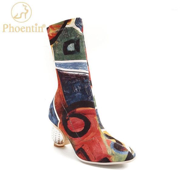 

boots phoentin women stretch fabric colorful 2021 retro female booties crystal high heels short slip on size 34-43 ft11841, Black