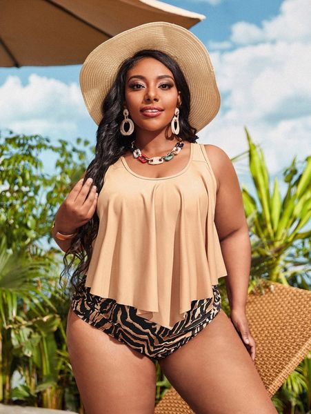 

plus leopard hanky hem high waisted bikini swimsuit k1a1#, Black