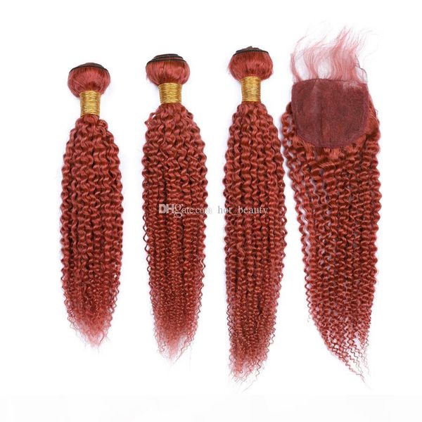 

dark orange color afro curly human hair weaves with lace closure 3bundles kinky curly extensions with part closure pieces 4pcs lot, Black