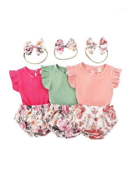 

0-24m newborn baby new summer toddler infant baby girl ruffles sleeve t-shirts flower shorts+headband clothes 20201, White