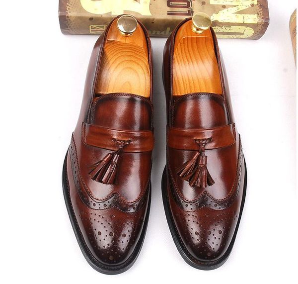 

new style men pointed toes genuine leather carved breathable slip on loafers men spring autumn flat office work shoes size 38-44, Black