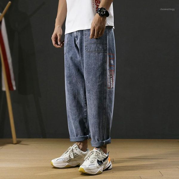 

fashion streetwear men jeans retro blue loose fit harem pants embroidery designer big pocket denim trousers hip hop jeans men1