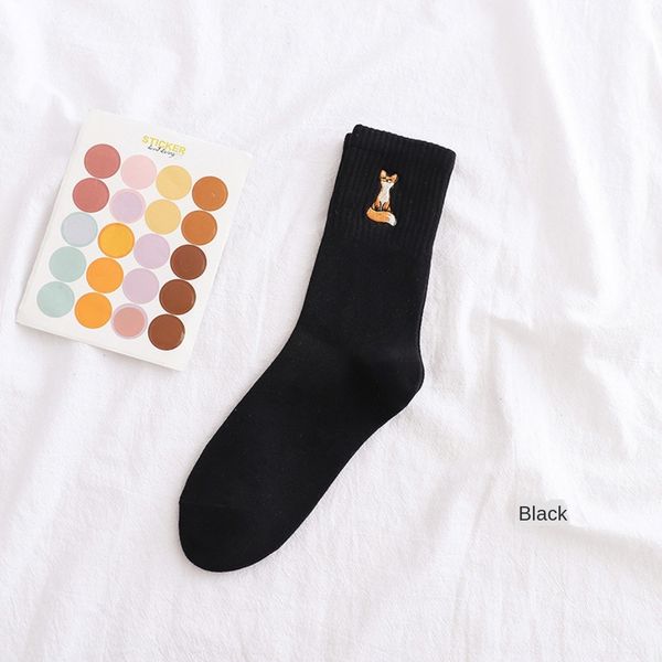

2020 cartoon embroidered female fox cotton ins tide tube socks morandi net red cotton socks autumn and winter lj7xk, Black