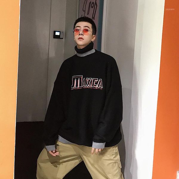 

winter new turtleneck men's warm fashion letter printing casual knitted pullover man streetwear wild long-sleeved sweater male1, White;black