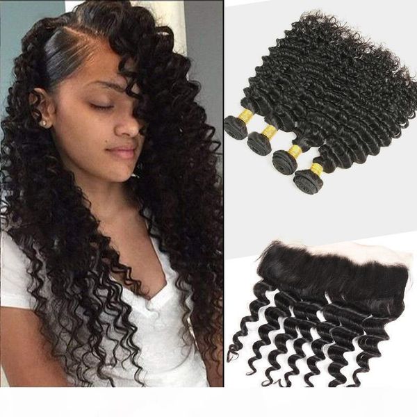 

malaysian virgin hair extensions 8-30inch deep wave bundles with 13x4 lace frontal 4 pieces lot deep wave curly human hair lace frontal, Black;brown