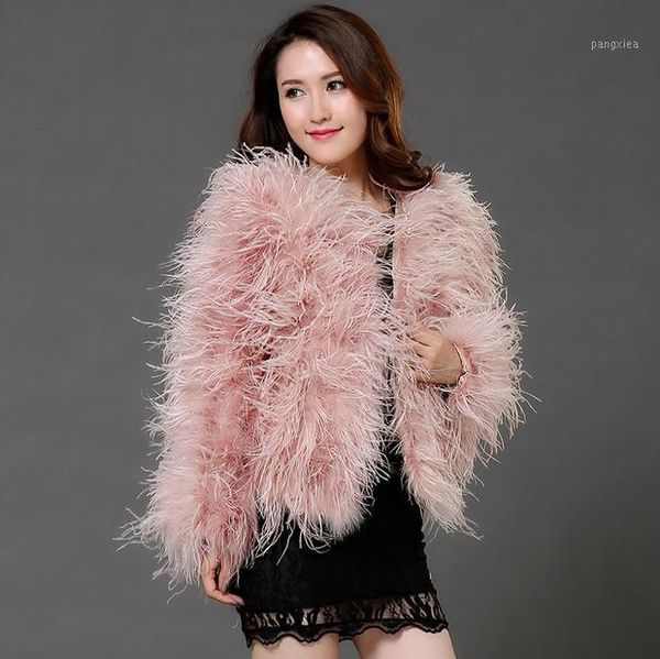 

harppihop fur winter ostrich fur jacket feather coat casual long-sleeved australia imported ostrich jacket in1, Black