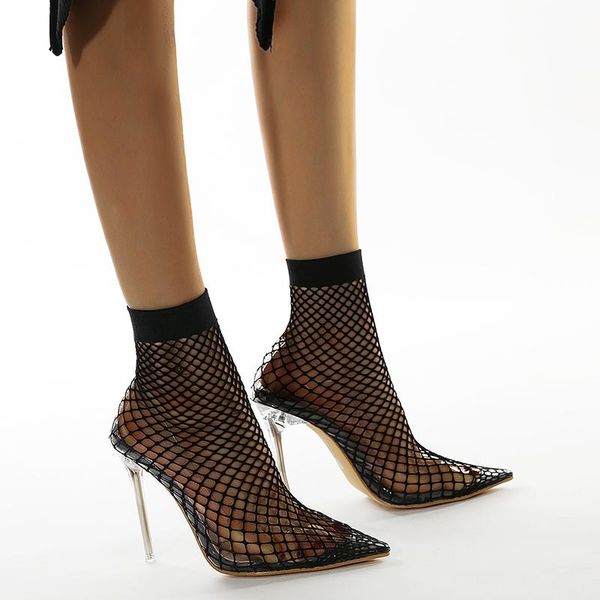 

sandals style lace mesh women pointed toe holes personality transparent high heel boots quality shoes, Black