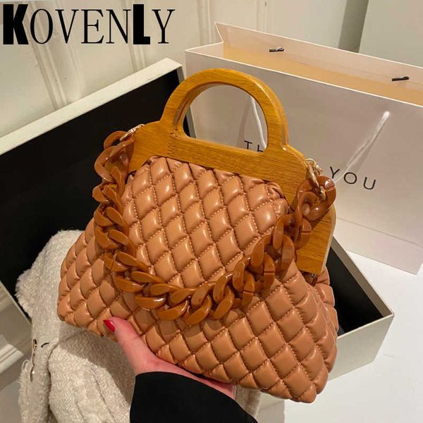 

brand woman handbag bag quilted leather wood handle clip clutch bags for woman shoulder bag metal chain