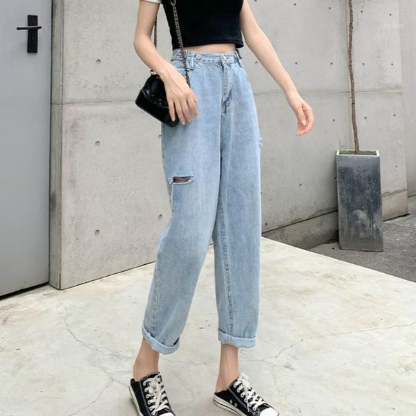 

high waist ripped straight harlan jeans for women1, Blue