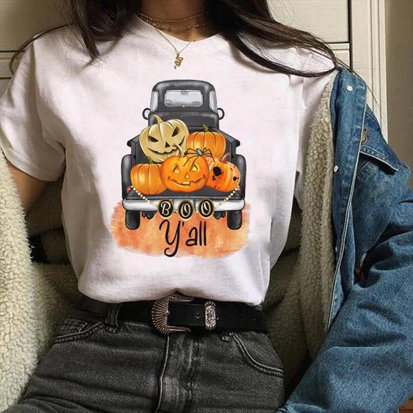 

women lady tees graphic cartoon boo pumpkin fashion thanksgiving fall halloween print clothes female t shirt t shirt, White