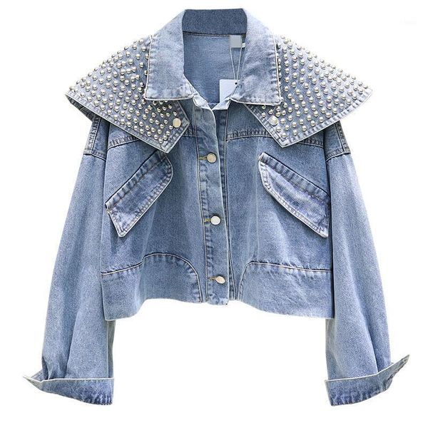 

spring and autumn new fashion loose heavy work rivet denim jacket women short paragraph detachable shawl retro jeans coat1, Black;brown