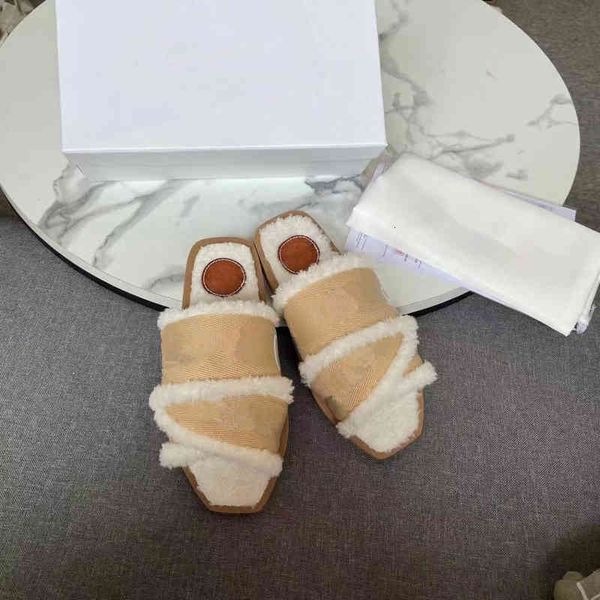 

women fashion designers soft fur slippers winter woolskin sheepskin insole slides luxury plush furry sandals woody sole flat slipper 8 color, Black