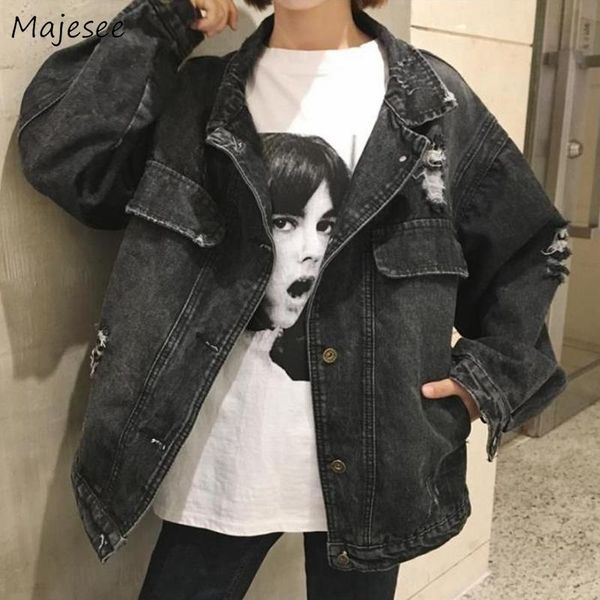 

jackets women classic black hole denim jacket womens spring autumn coat bf korean style ulzzang all-match daily chic new, Black;brown