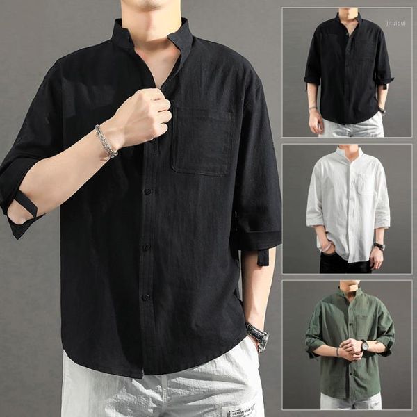 

men shirt cotton linen 3/4 long sleeve casual shirts male fashion solid color loose blouse harajuku shirt men camisa -5xl1, White;black
