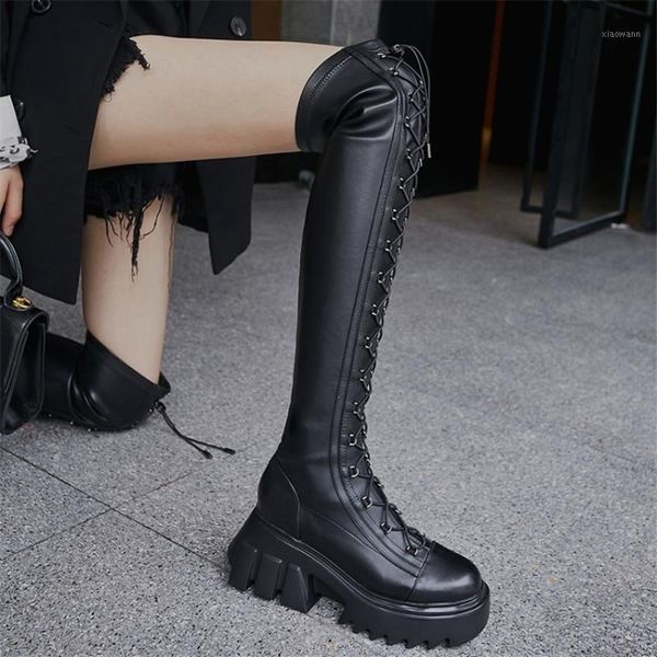 

pxelena rome cross tied gothic punk thigh high boots women chunky platform heels over the knee boots genuine leather 2020 shoes1, Black