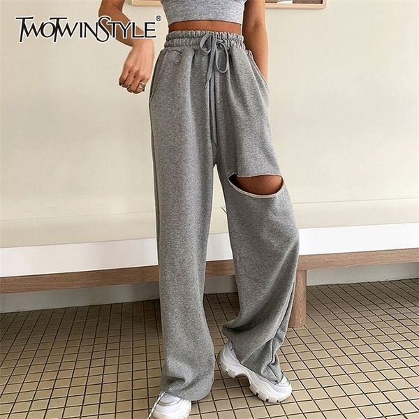 

twotwinstyle casual asymmetrical women full length pants high waist lace up bow ripped hole wide leg pant for female clothes new 201228, Black;white