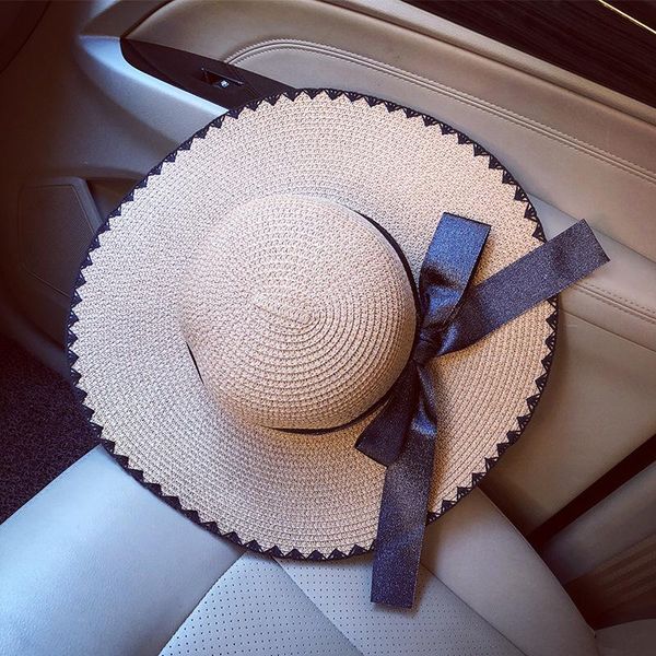 

2020 simple summer beach hat female casual panama hat lady brand women flat brim bowknot straw cap glris sun, Blue;gray