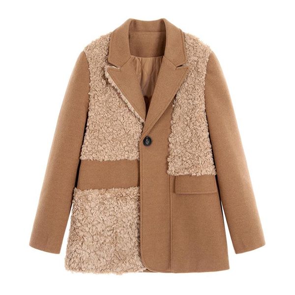 

perhaps u khaki faux fur patchwork notch collar long sleeve pocket casual chic women blazer warm c0484, White;black