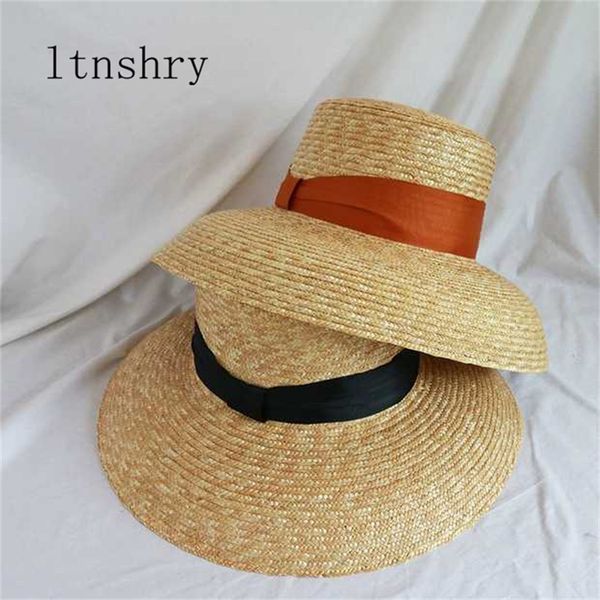 

summer ribbon hat wide side sun cap women wheat panama style straw hats 11cm wide brim holiday beach hat ladies sun cap y200602, Blue;gray
