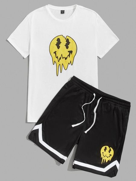 

men cartoon graphic tee & drawstring waist shorts set 07zg#, Gray