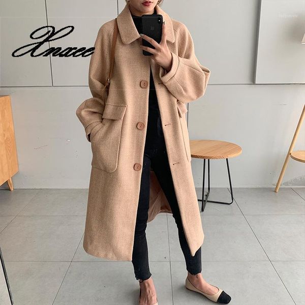 

xnxee single-breasted women's woolen coat new autumn and winter coat women's woolen loose quilted1, Black