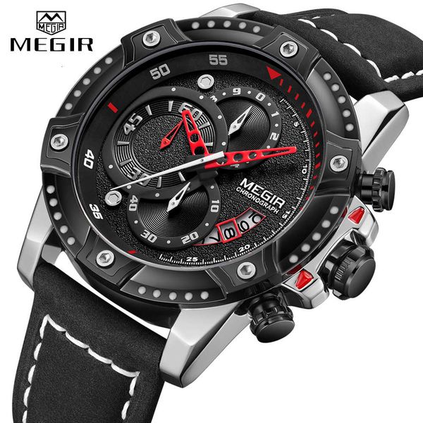 

megir new men's watch leather strap sports quartz clock 2020 fashion brand men's waterproof and shockproof multi-function watch, Silver