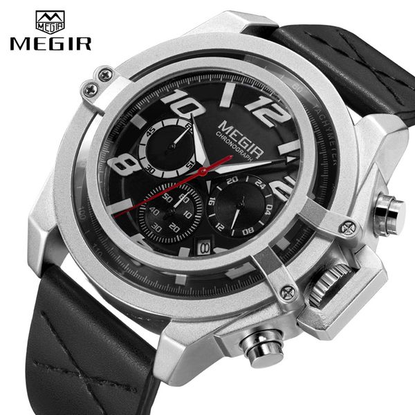 

creative megir 2020 fashion men's watch brand big dial leather strap quartz watch men's sports waterproof watch satch, Slivery;brown