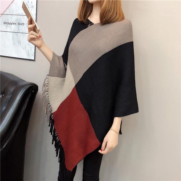 

2021 autumn women sweater batwing knitwear sleeve tassel loose plaid pullover blouse irregular cloak poncho cape knitting, White;black