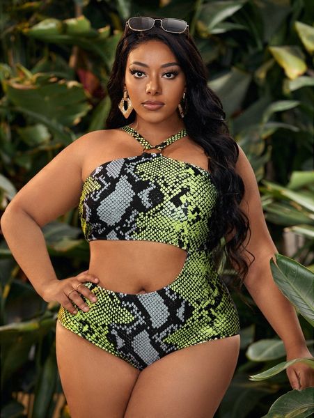 

plus snakeskin print cut-out one piece swimsuit x4xe#, Black
