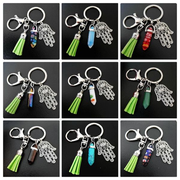 10 Farben natürlicher Sechseck-Kristallsäulen-Schlüsselanhänger, Quasten-Schlüsselanhänger, Palmenform-Schlüsselanhänger, verschiedene Farben von Quasten, Schlüsselanhänger
