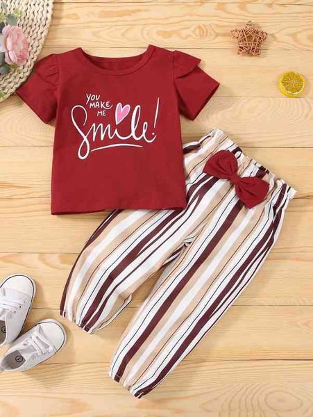 

baby heart & slogan graphic tee & bow paperbag waist pants she, Blue