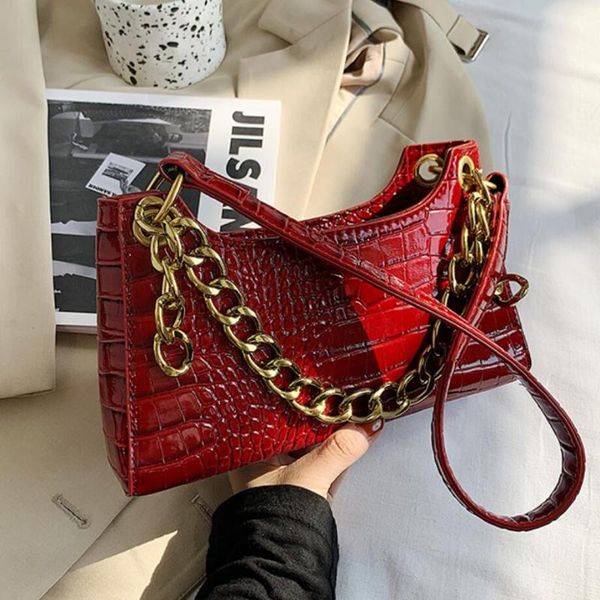 

cross body crocodile pattern chain tote bag 2021 quality pu leather women's designer handbag square armpit vintage shoulder bags