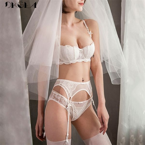 Beyaz Sütyen Push-up Kadınlar Lingerie Set Pamuk Sütyen Nakış Dantel Sutyen Seti 3 Parça Sutyen + Külot + Jartiyer Seksi Iç Çamaşırı Seti Y200708