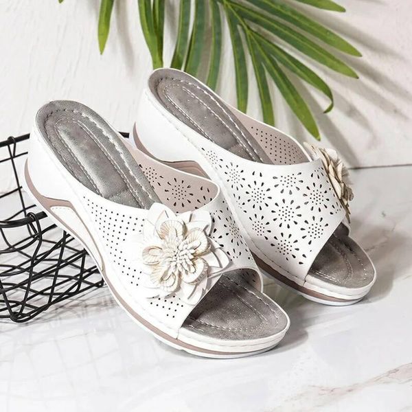 

slippers women summer ladies fashion casual shoe open toe flat hollow flower wedge heel beach sandals plus size d1#, Black