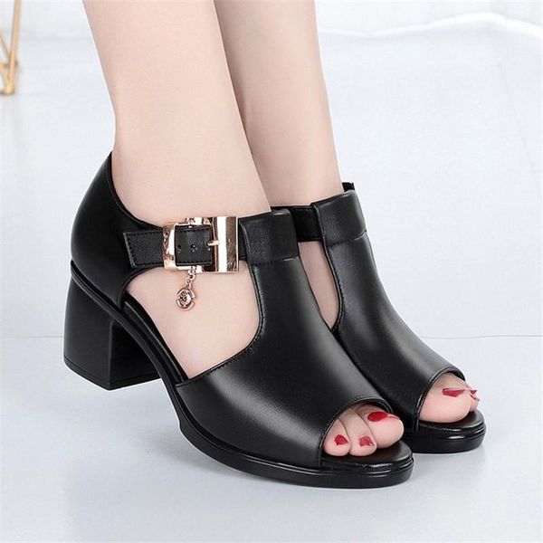 

sandals women summer 2021 hing heel fashion fish mouth hollow roman thick with beaded high heels female 7891, Black